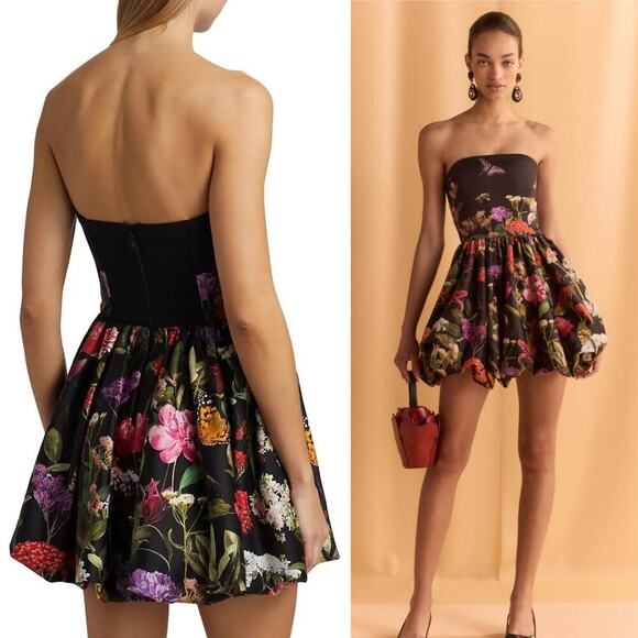 Alice + Olivia NWT Asha Bubble Hem Floral Strapless Mini Dress Black Size 0 - Picture 9 of 9